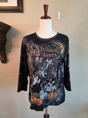 VTG Studio Gem Women's Halloween Top Rhinestones Y2K Spooky SZ XXL